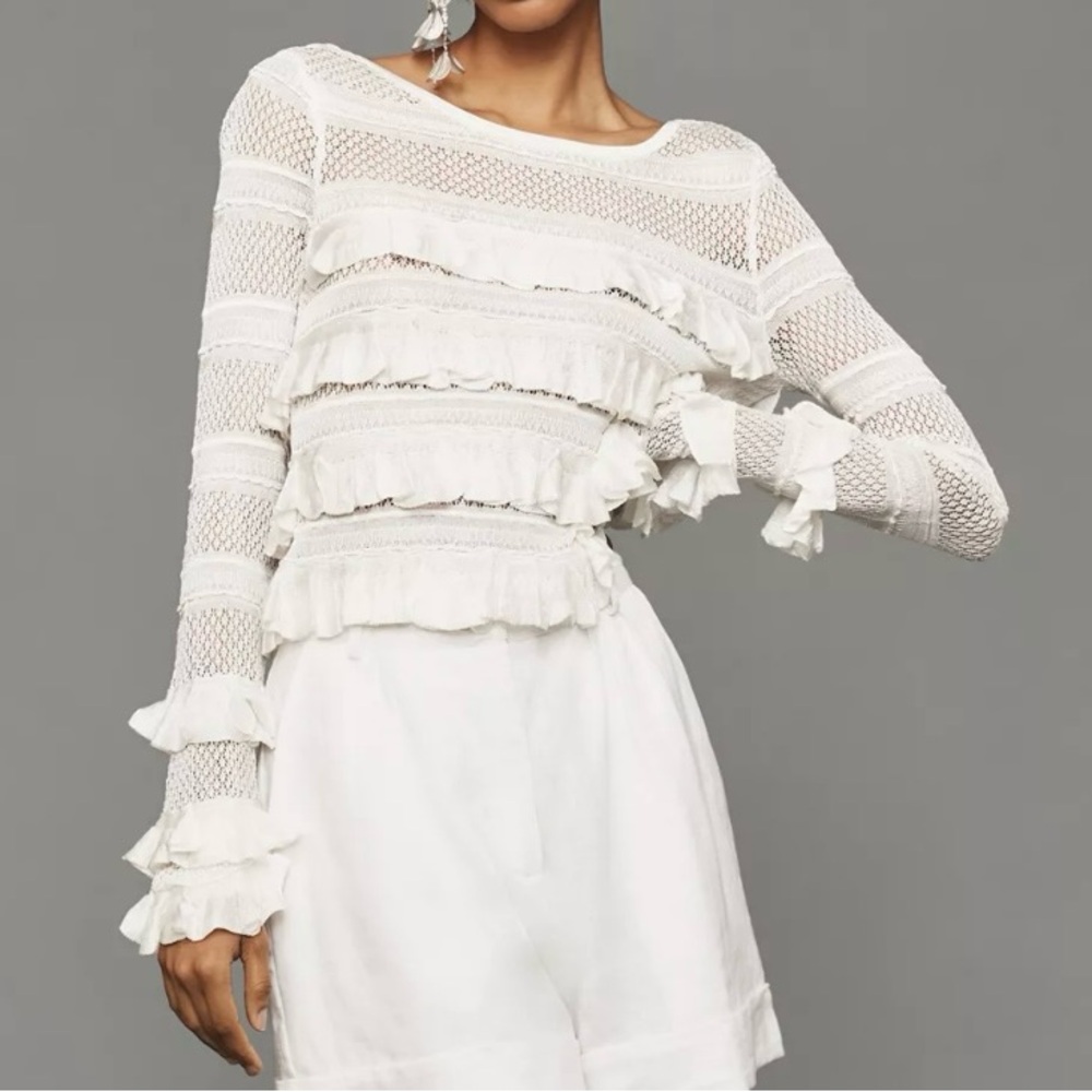Anthropologie Cream Lace Ruffle Blouse